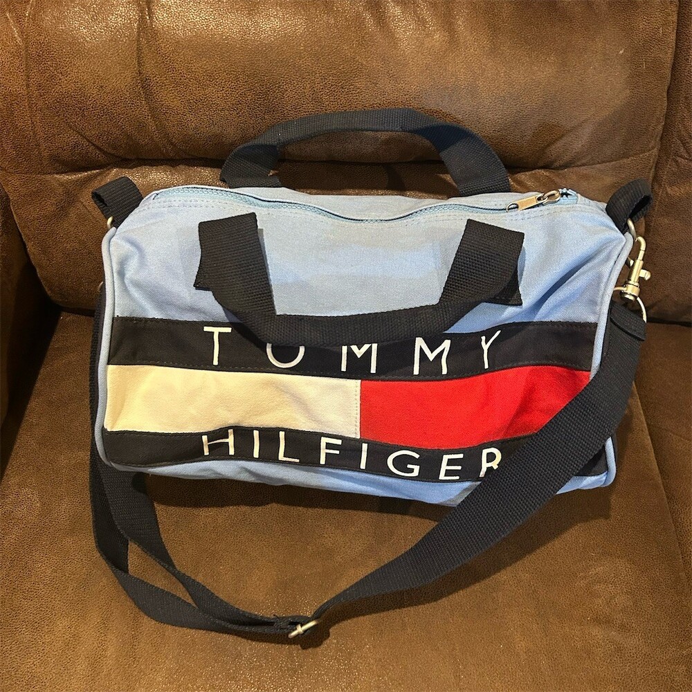 Tommy Hilfiger Mini Duffle Bag Womens Light Blue Logo Weekender Crossbody